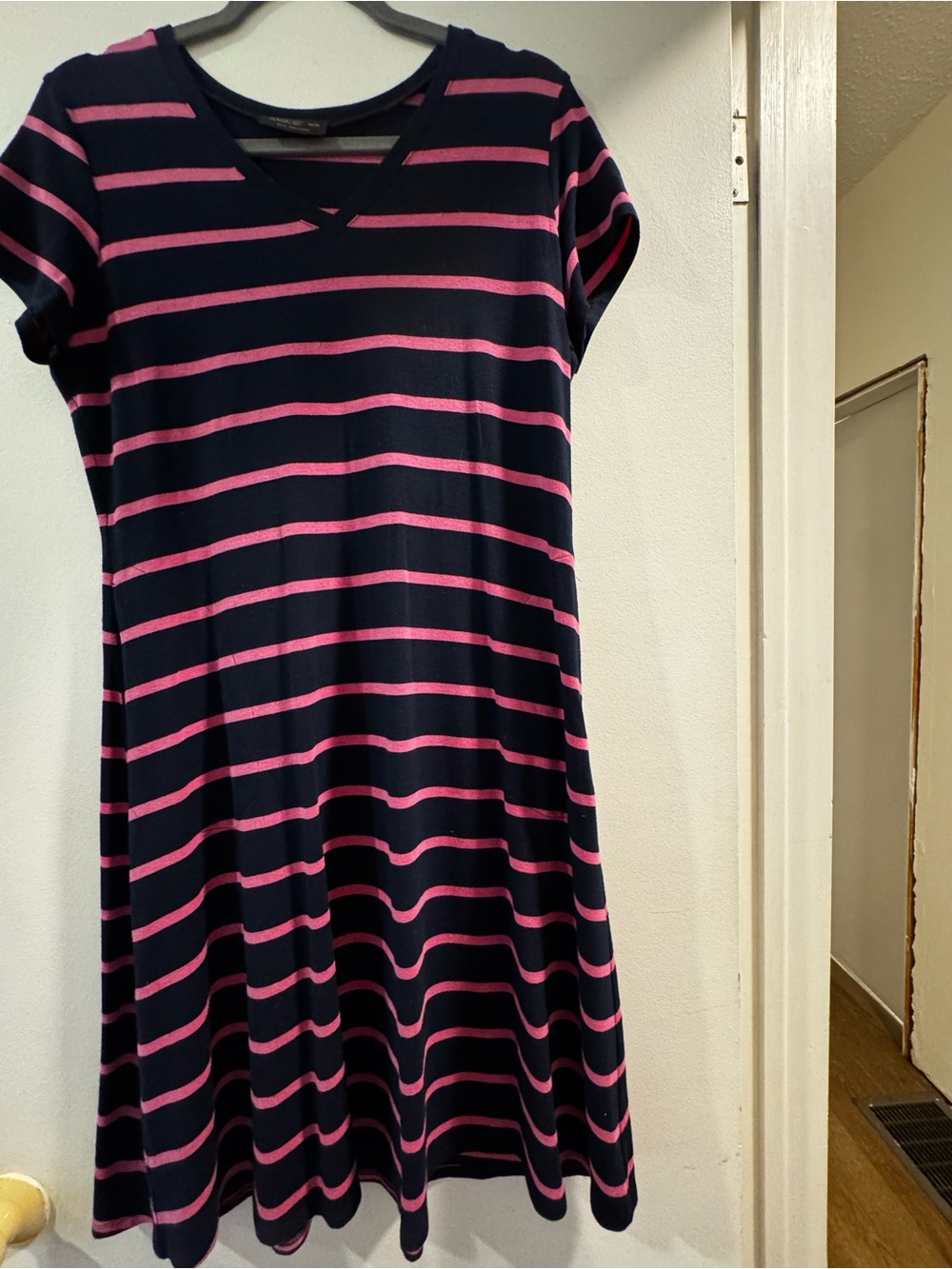 Miik Navy and Pink Striped V-Neck Dress with pockets